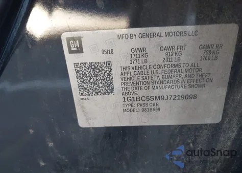 2018 Chevrolet Cruze Ls Auto z USA, uszkodzony, nr VIN 1G1BC5SM9J7219098